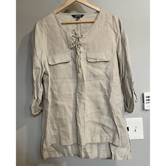 Ellen Tracy Top Linen Tunic Lace Up Neckline Boho Peasant Womens XL‎ Lagenlook - Picture 1 of 7